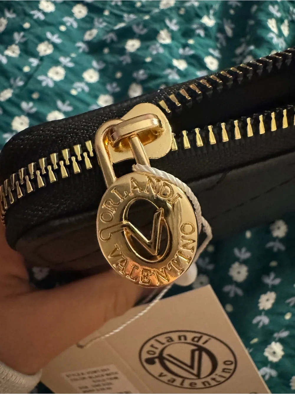 Valentino Orlandi Black Quilted Zip-Around Wallet with Gold V Emblem